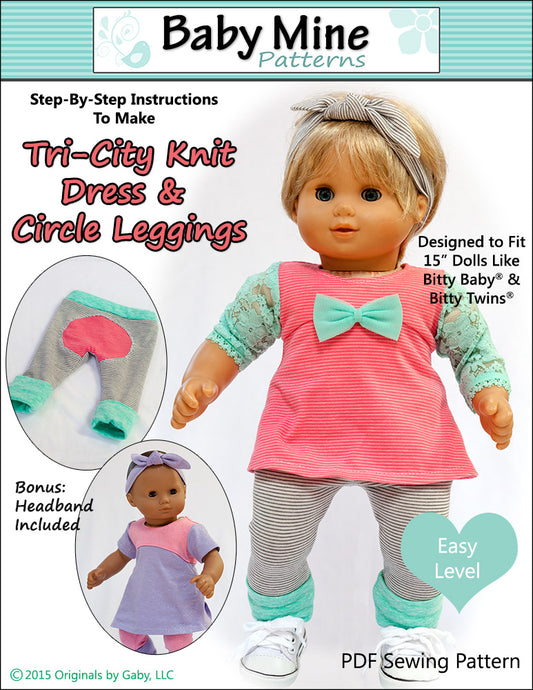 Tri-City Knit Dress & Circle Leggings 15" Baby Doll Clothes Pattern