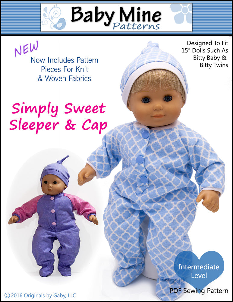 Simply Sweet Sleeper and Cap 15" Baby Doll Clothes Pattern