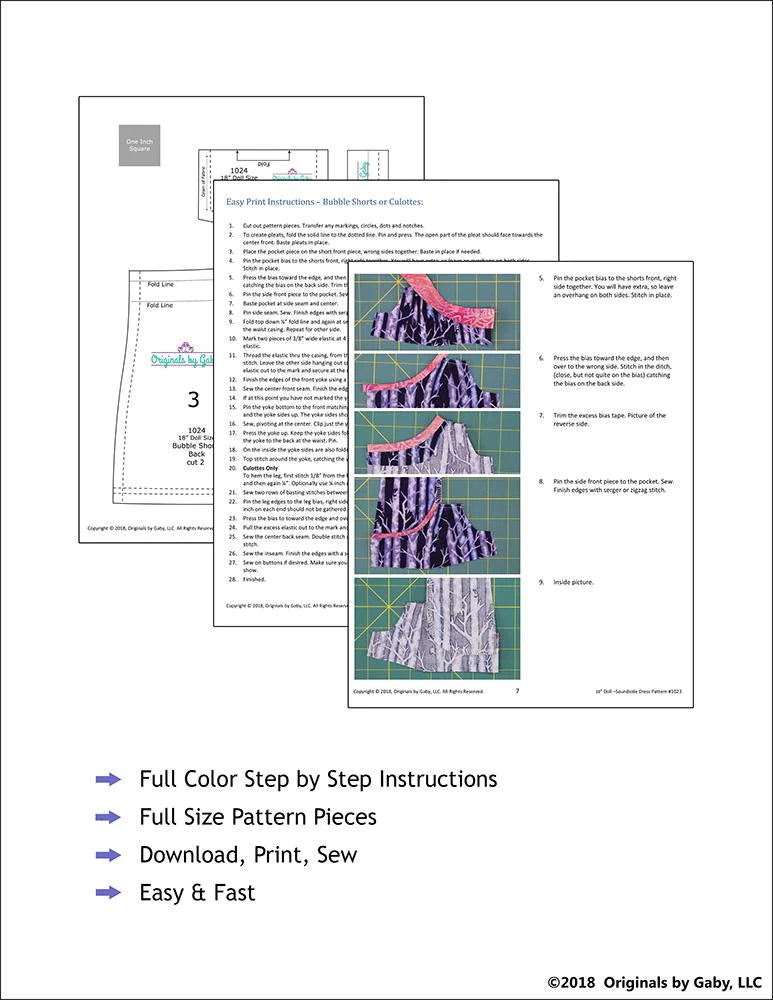 Bubble Shorts and Culottes 18" Doll Clothes Pattern
